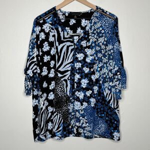 Investments Womens Blouse XL Blue‎ Black Floral Button Front Flowy Career Office